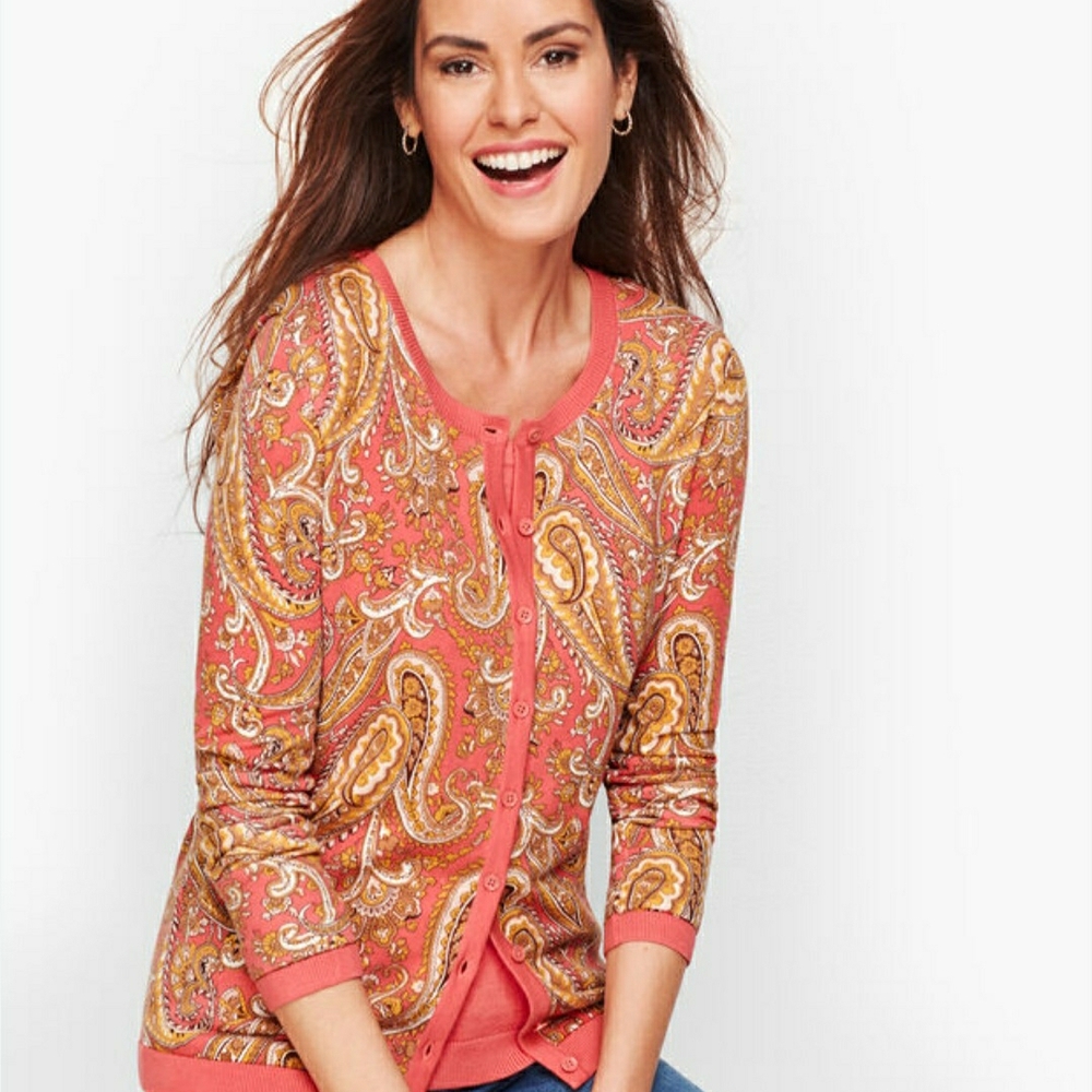 Talbots Women's English Paisley Cardigan in Coral and Gold Size 1X